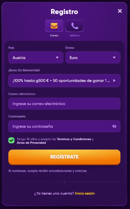 Kingmaker Casino formulario de registro con bono de bienvenida